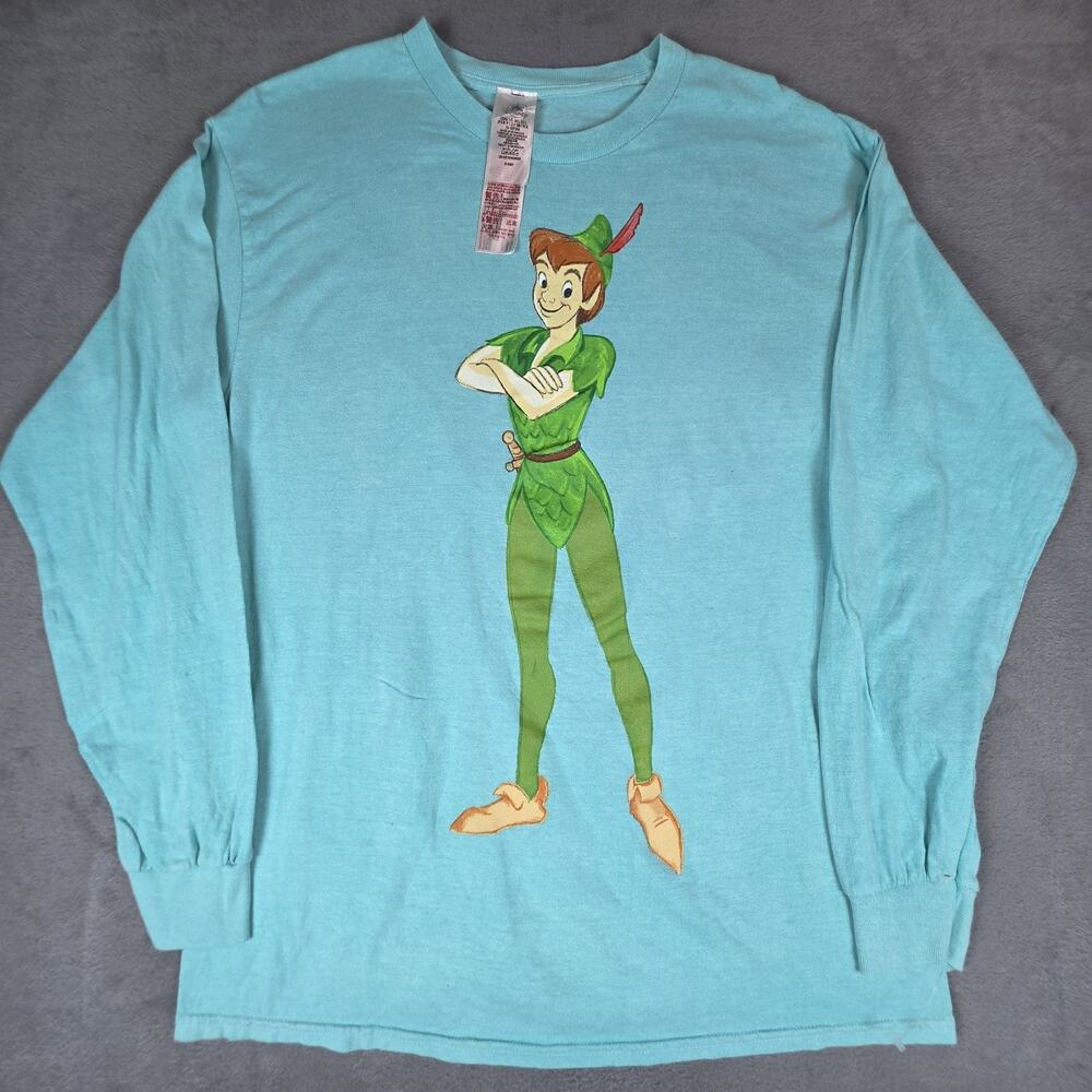 🔥 Disney Peter Pan Long Sleeve Shirt Men L Blue Graphic Tee Adult Cotton